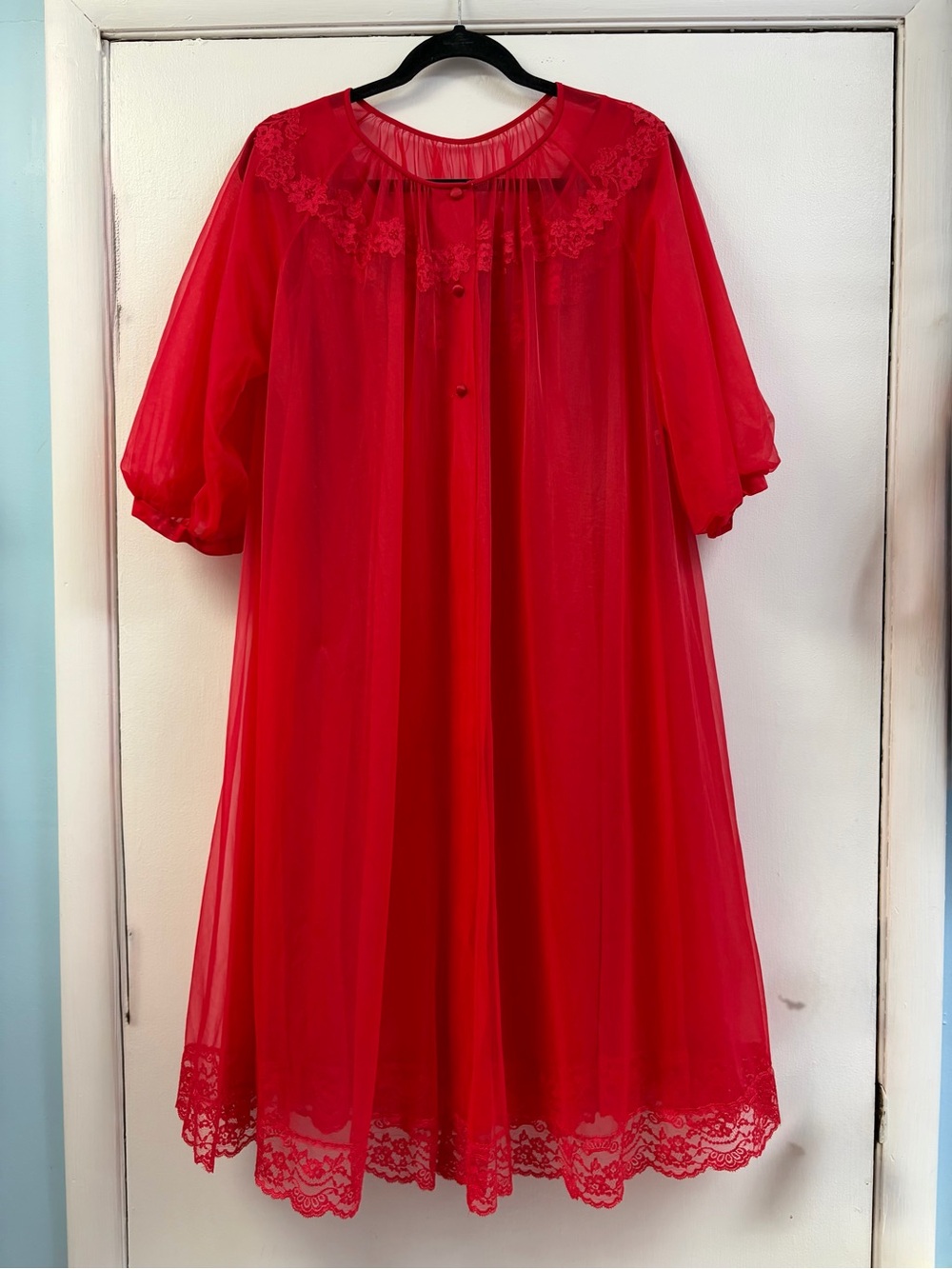 Shadowline Vintage Women’s Red Lace-Trim Sheer Peignoir Set